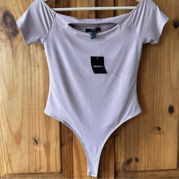 NWT Forever 21 Off Shoulder Short Sleeve Bodysuit Double Lined Thong Mauve - L - Picture 11 of 12